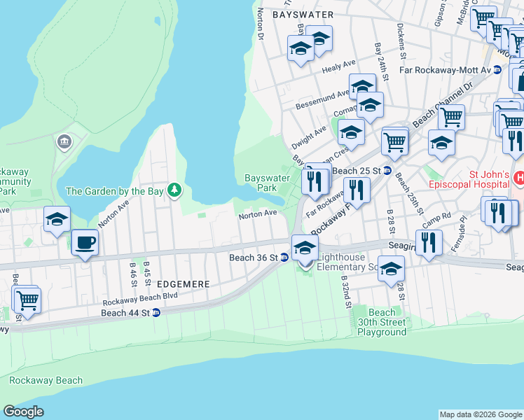 map of restaurants, bars, coffee shops, grocery stores, and more near 4-50 Beach 37th Street in Queens