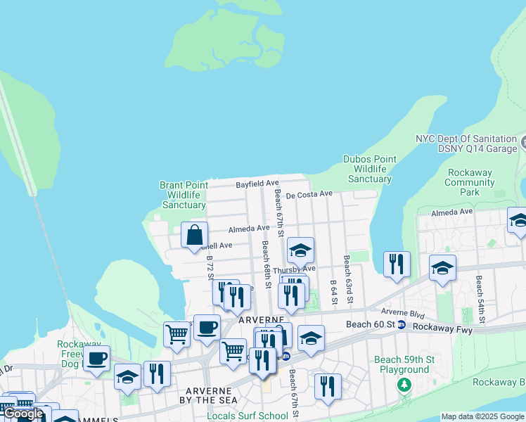 map of restaurants, bars, coffee shops, grocery stores, and more near 6-17 Beach 67th Street in Queens