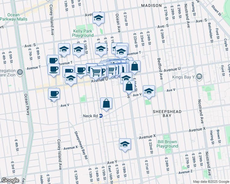 map of restaurants, bars, coffee shops, grocery stores, and more near 2171 East 18th Street in Brooklyn