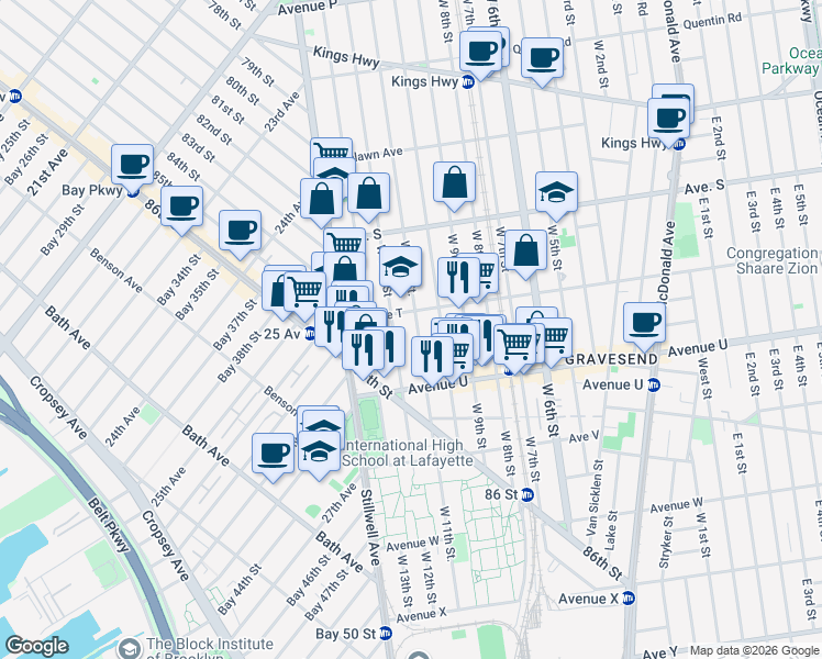 map of restaurants, bars, coffee shops, grocery stores, and more near 2031 West 12th Street in Brooklyn