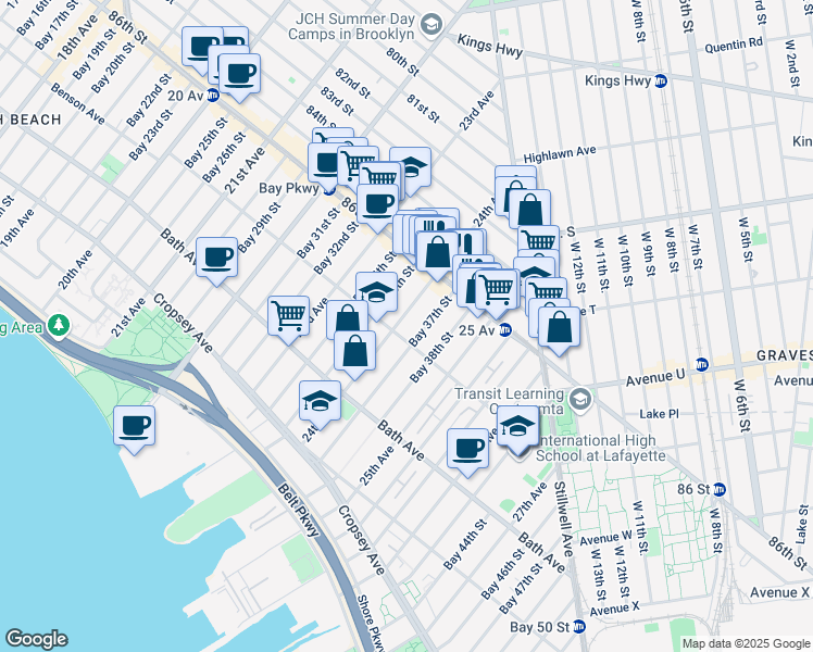 map of restaurants, bars, coffee shops, grocery stores, and more near 2415 Benson Avenue in Brooklyn