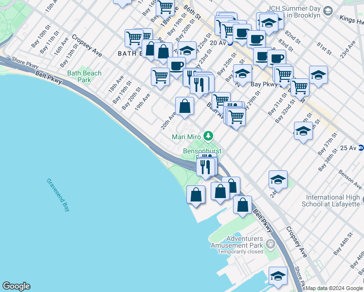 map of restaurants, bars, coffee shops, grocery stores, and more near 1535 Shore Parkway in Brooklyn