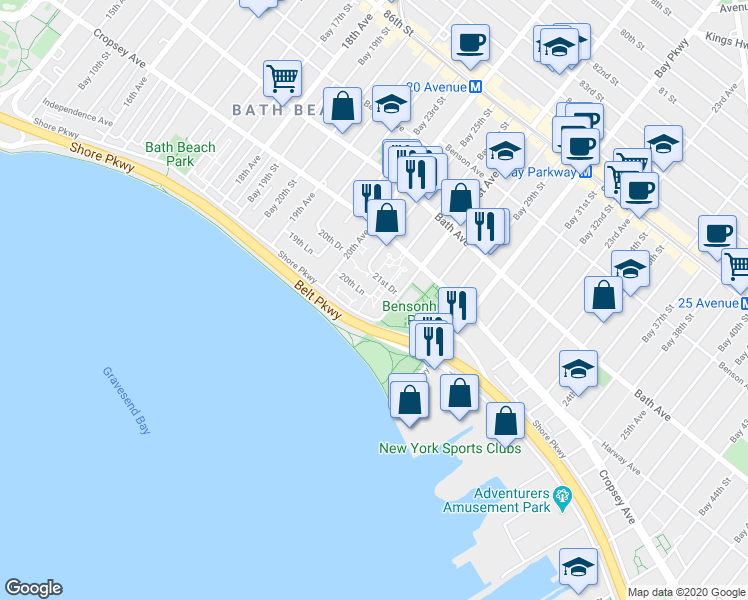 map of restaurants, bars, coffee shops, grocery stores, and more near 1535 Shore Parkway in Brooklyn