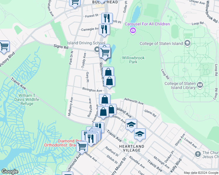 map of restaurants, bars, coffee shops, grocery stores, and more near 2049 Richmond Avenue in Staten Island