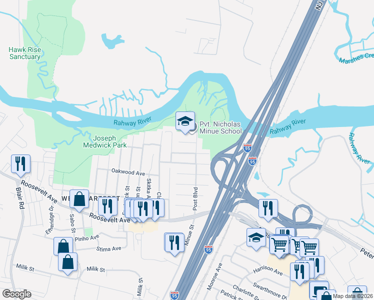map of restaurants, bars, coffee shops, grocery stores, and more near 43 Delaware Avenue in Carteret
