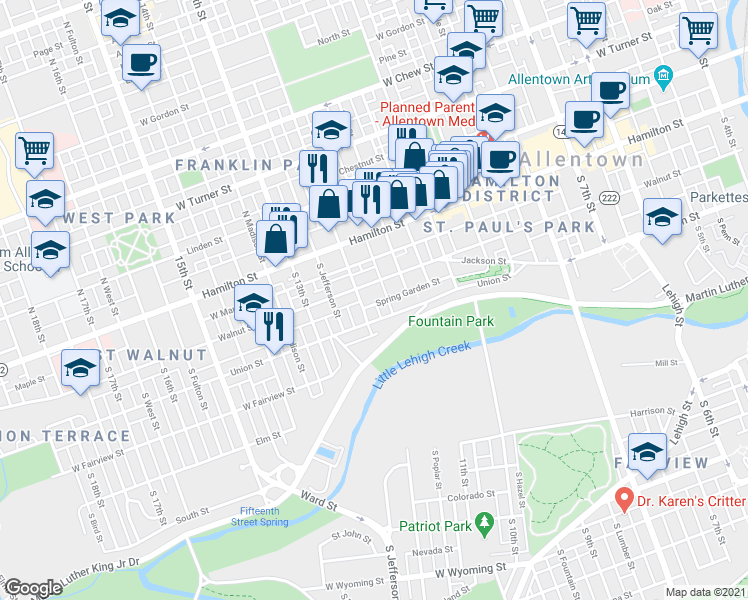 map of restaurants, bars, coffee shops, grocery stores, and more near 1137 Spring Garden Street in Allentown