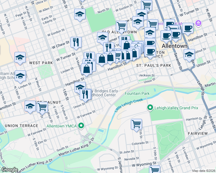 map of restaurants, bars, coffee shops, grocery stores, and more near 1214 Hickory Street in Allentown