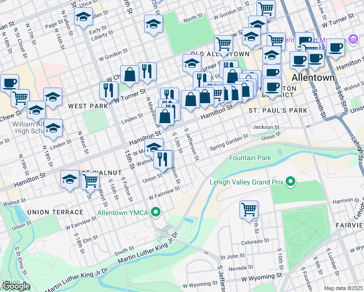 map of restaurants, bars, coffee shops, grocery stores, and more near 1250 Walnut Street in Allentown