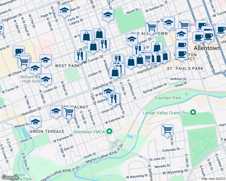 map of restaurants, bars, coffee shops, grocery stores, and more near 38 South Madison Street in Allentown