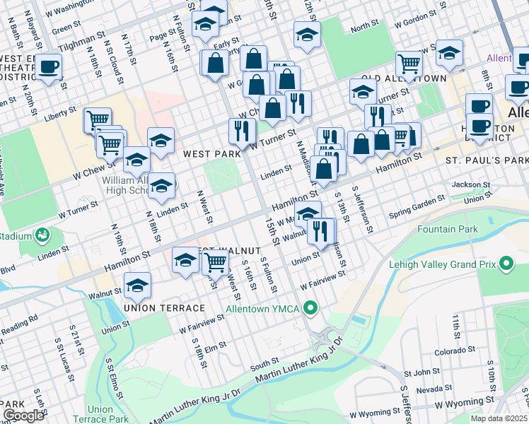 map of restaurants, bars, coffee shops, grocery stores, and more near 1444 Hamilton Street in Allentown