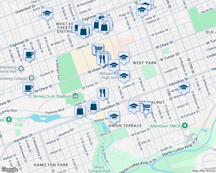 map of restaurants, bars, coffee shops, grocery stores, and more near 112 North Saint George Street in Allentown