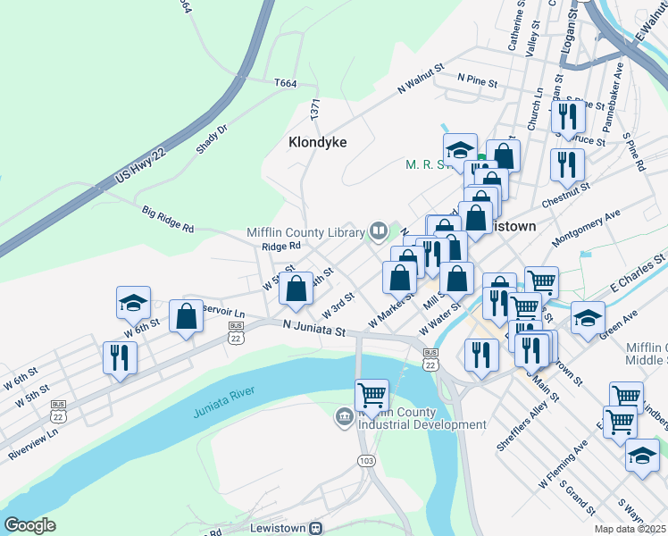 map of restaurants, bars, coffee shops, grocery stores, and more near 200 North Grand Street in Lewistown