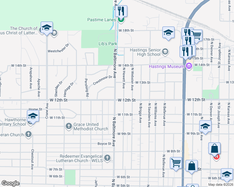 map of restaurants, bars, coffee shops, grocery stores, and more near 1200-1272 North Baltimore Avenue in Hastings