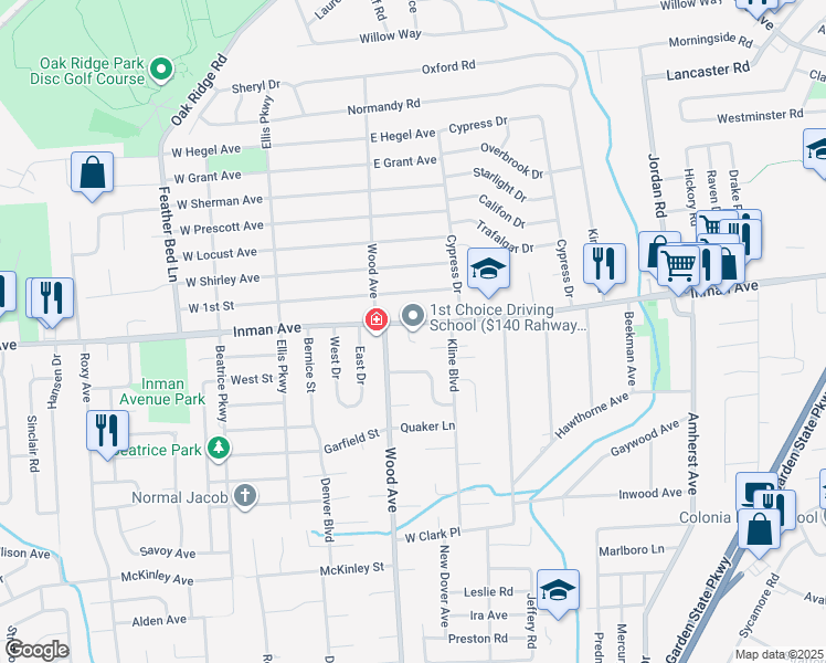 map of restaurants, bars, coffee shops, grocery stores, and more near 795 Inman Avenue in Woodbridge Township