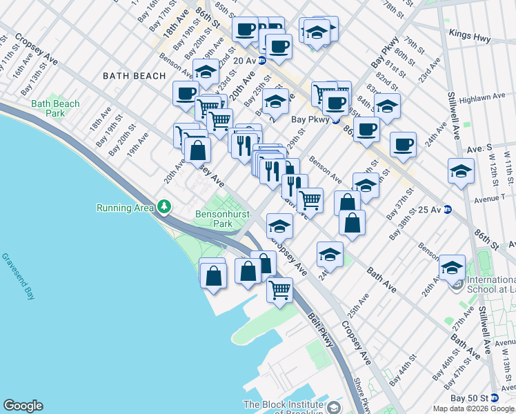 map of restaurants, bars, coffee shops, grocery stores, and more near 8811 Bay Parkway in Brooklyn