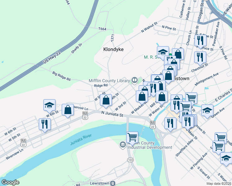 map of restaurants, bars, coffee shops, grocery stores, and more near 200 North Grand Street in Lewistown