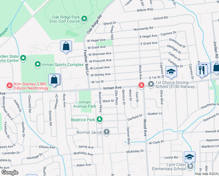 map of restaurants, bars, coffee shops, grocery stores, and more near 865 Inman Avenue in Edison