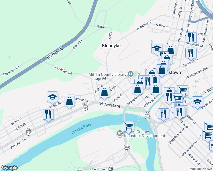 map of restaurants, bars, coffee shops, grocery stores, and more near 248 West 5th Street in Lewistown
