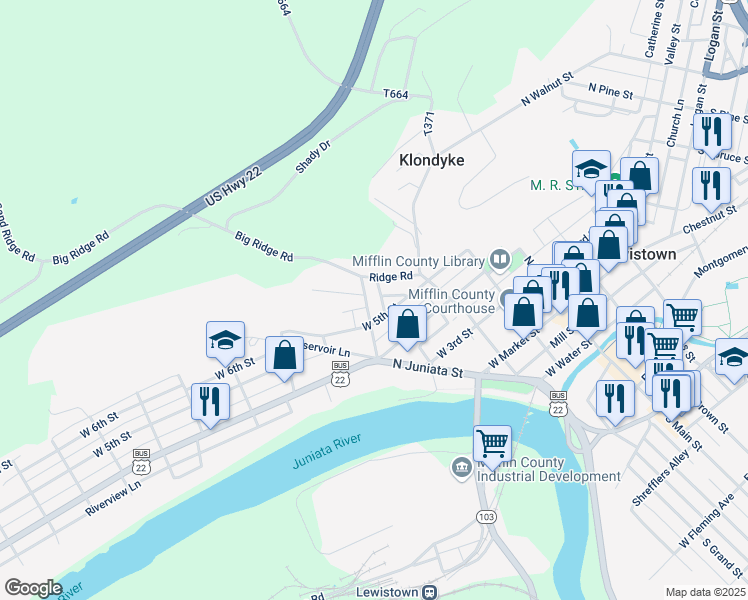 map of restaurants, bars, coffee shops, grocery stores, and more near 335 Bratton Avenue in Lewistown