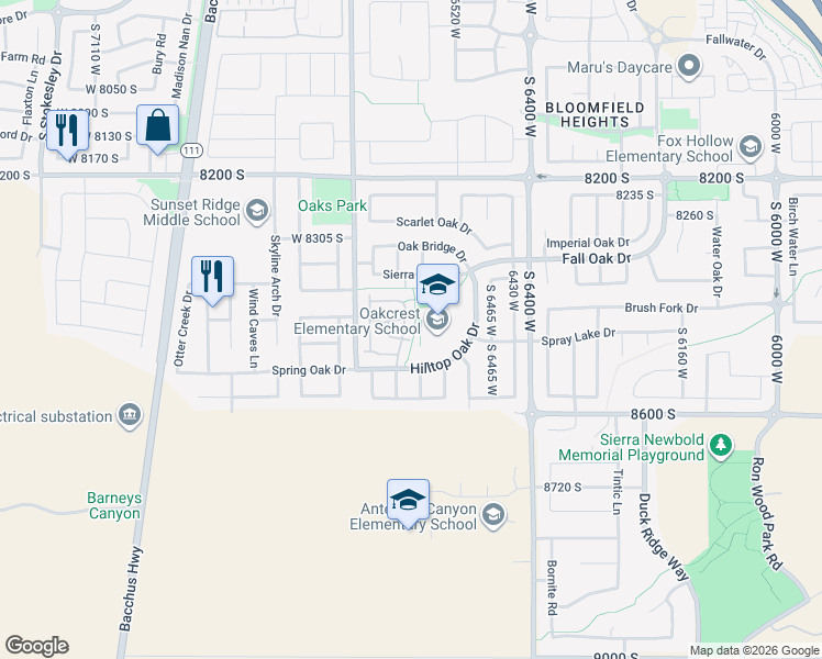map of restaurants, bars, coffee shops, grocery stores, and more near 8459 Ivy Gable Drive in West Jordan