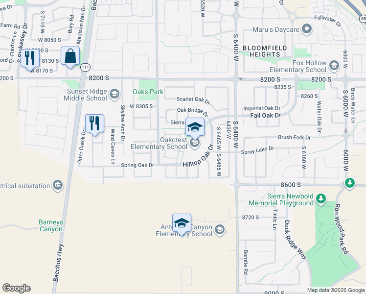 map of restaurants, bars, coffee shops, grocery stores, and more near 8459 Ivy Gable Drive in West Jordan