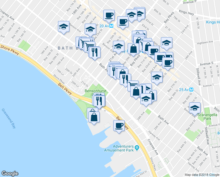 map of restaurants, bars, coffee shops, grocery stores, and more near 8811 Bay Parkway in Brooklyn