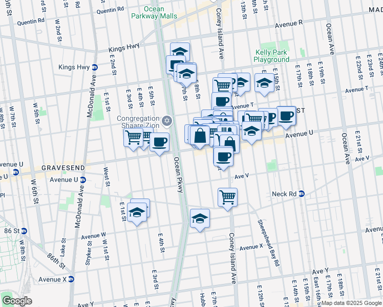 map of restaurants, bars, coffee shops, grocery stores, and more near 2171 East 7th Street in Brooklyn