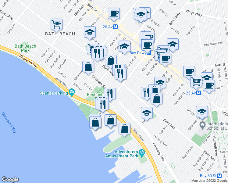 map of restaurants, bars, coffee shops, grocery stores, and more near 8811 Bay Parkway in Brooklyn