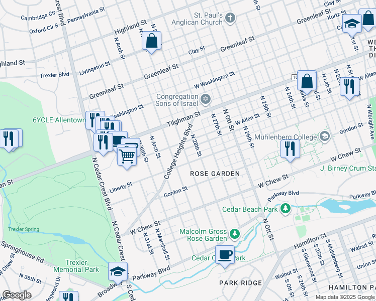 map of restaurants, bars, coffee shops, grocery stores, and more near 525 North Main Street in Allentown