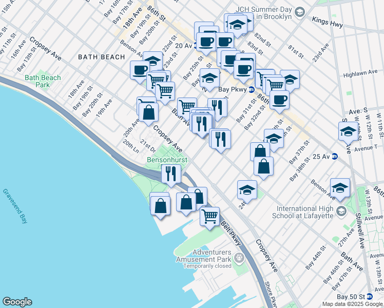 map of restaurants, bars, coffee shops, grocery stores, and more near 8814 Bay Parkway in Brooklyn