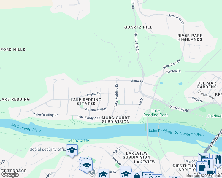 map of restaurants, bars, coffee shops, grocery stores, and more near 2355 Amethyst Way in Redding