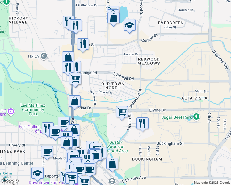 map of restaurants, bars, coffee shops, grocery stores, and more near 803 Heschel Street in Fort Collins