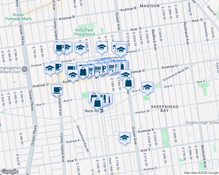 map of restaurants, bars, coffee shops, grocery stores, and more near 2164 East 17th Street in Brooklyn