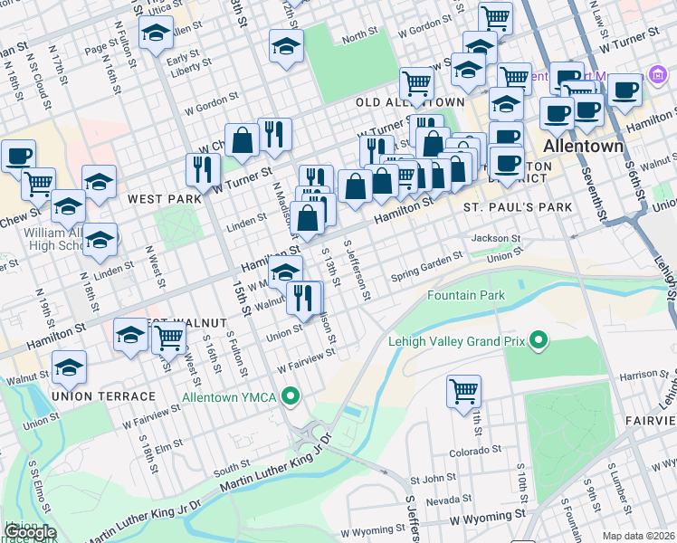 map of restaurants, bars, coffee shops, grocery stores, and more near 1252 Walnut Street in Allentown