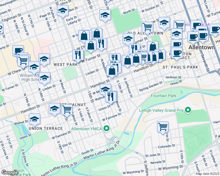 map of restaurants, bars, coffee shops, grocery stores, and more near 38 South Madison Street in Allentown