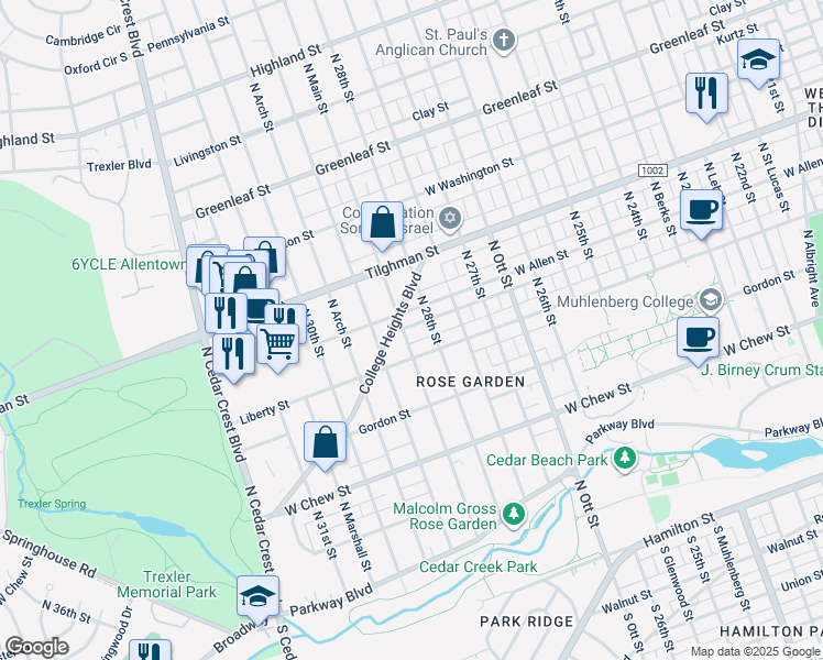 map of restaurants, bars, coffee shops, grocery stores, and more near 525 North Main Street in Allentown