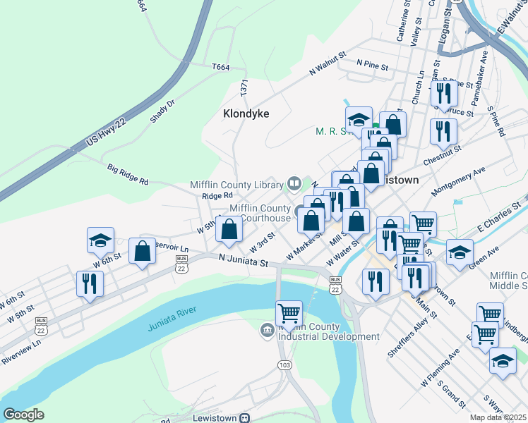 map of restaurants, bars, coffee shops, grocery stores, and more near 129 North Grand Street in Lewistown