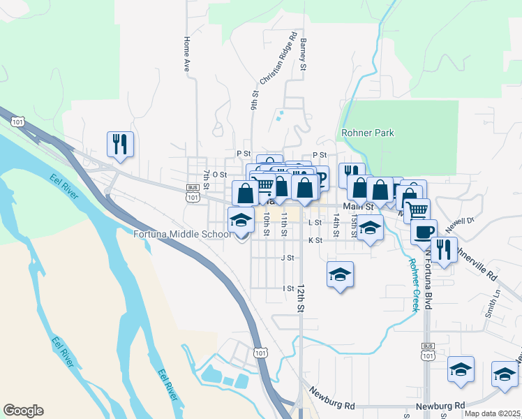 map of restaurants, bars, coffee shops, grocery stores, and more near 1001 Main Street in Fortuna