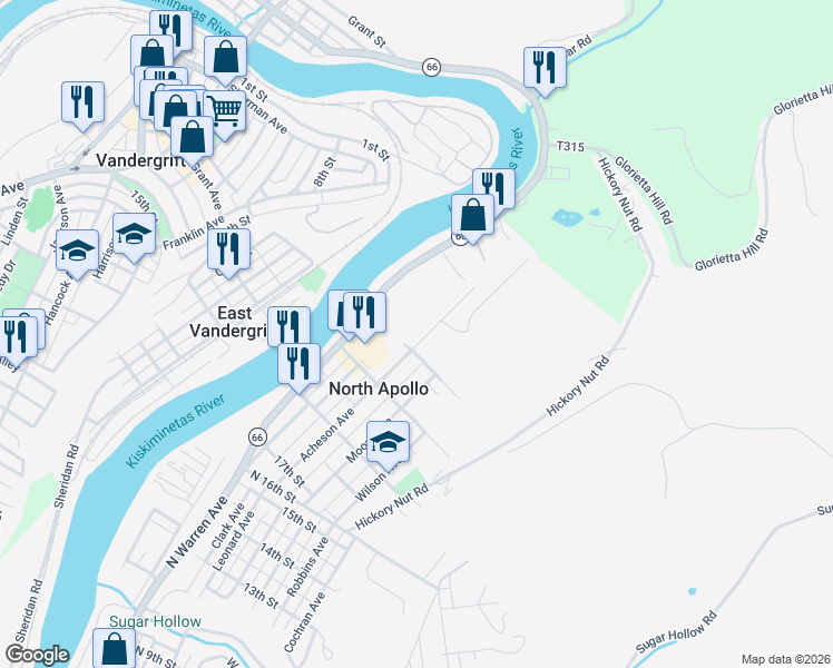 map of restaurants, bars, coffee shops, grocery stores, and more near 2011 Acheson Avenue in Apollo