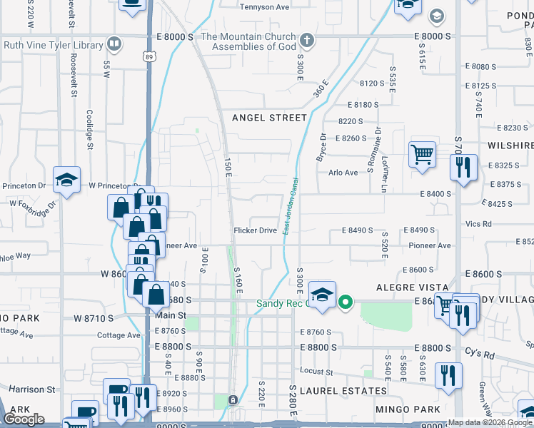 map of restaurants, bars, coffee shops, grocery stores, and more near 227 Saint Germain Way in Sandy