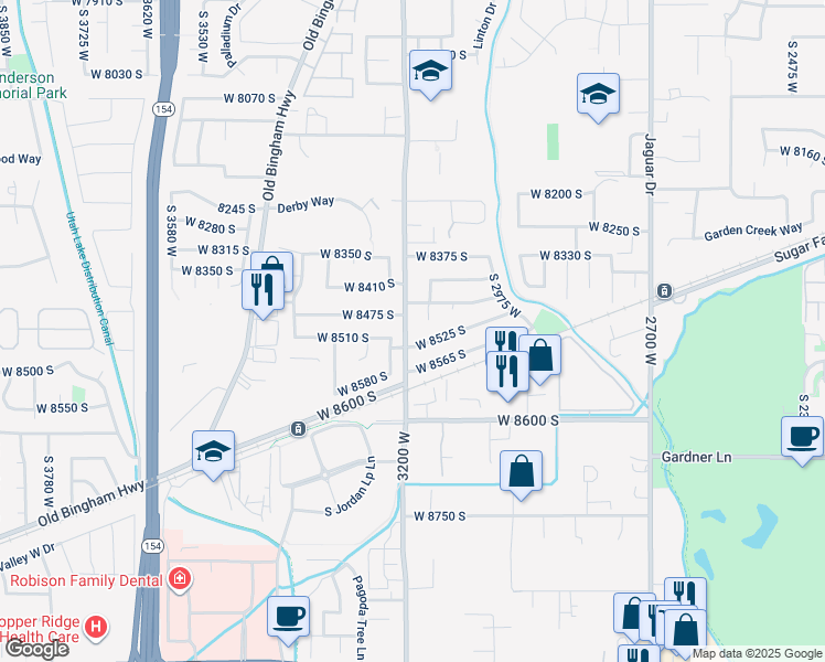 map of restaurants, bars, coffee shops, grocery stores, and more near 8493 3200 West in West Jordan