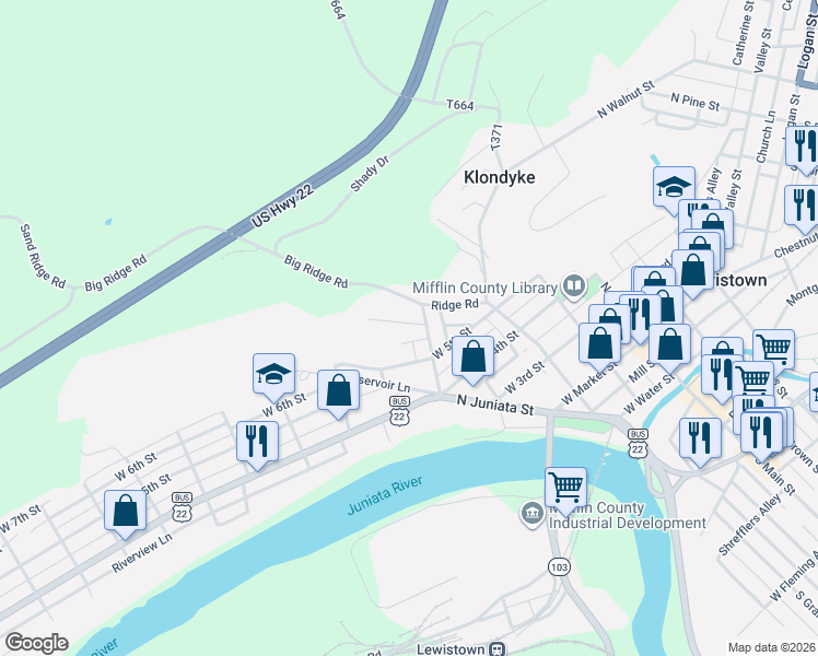 map of restaurants, bars, coffee shops, grocery stores, and more near 28 Woods Lane in Lewistown