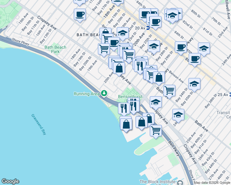 map of restaurants, bars, coffee shops, grocery stores, and more near 1535 Shore Parkway in Brooklyn