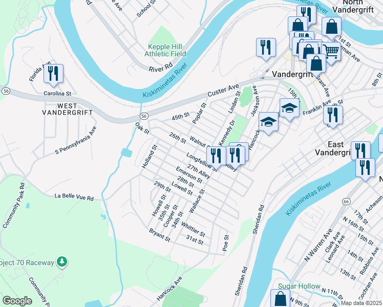 map of restaurants, bars, coffee shops, grocery stores, and more near 402 Longfellow Street in Vandergrift