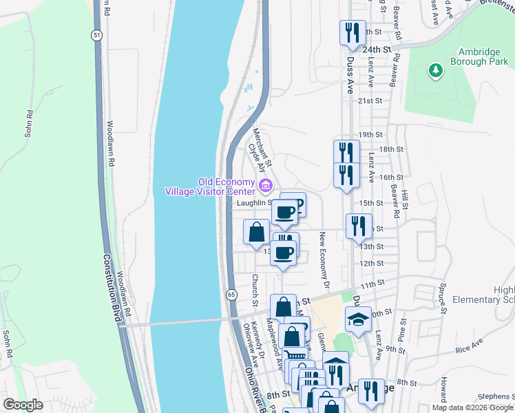 map of restaurants, bars, coffee shops, grocery stores, and more near 1500 Church Street in Ambridge
