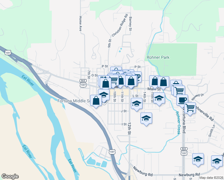 map of restaurants, bars, coffee shops, grocery stores, and more near 1001 Main Street in Fortuna