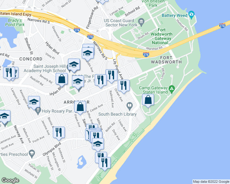 map of restaurants, bars, coffee shops, grocery stores, and more near 27 Railroad Avenue in Staten Island