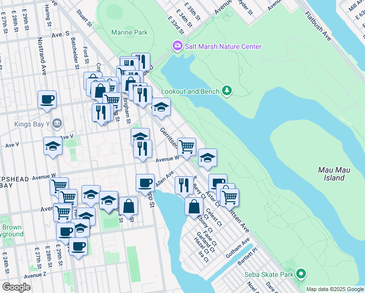 map of restaurants, bars, coffee shops, grocery stores, and more near 2446 Gerritsen Avenue in Brooklyn