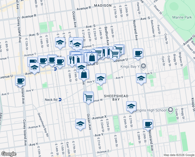 map of restaurants, bars, coffee shops, grocery stores, and more near 2215 Avenue V in Brooklyn