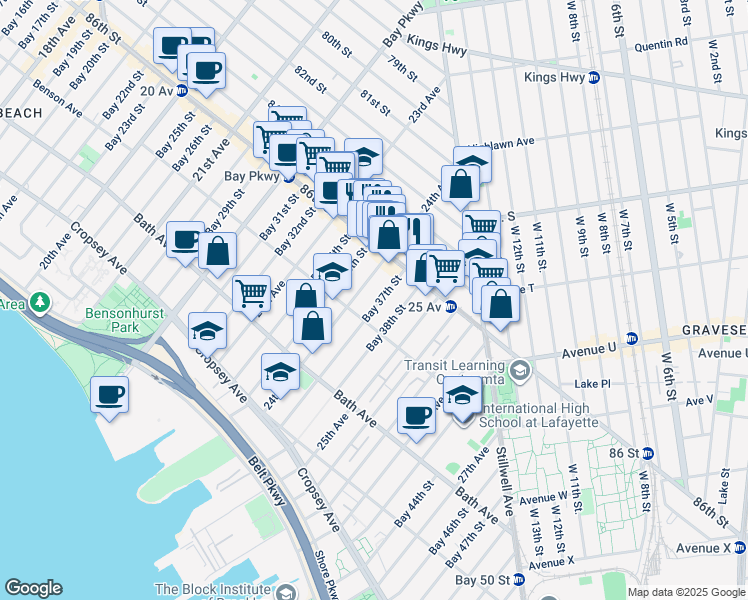 map of restaurants, bars, coffee shops, grocery stores, and more near 2415 Benson Avenue in Brooklyn